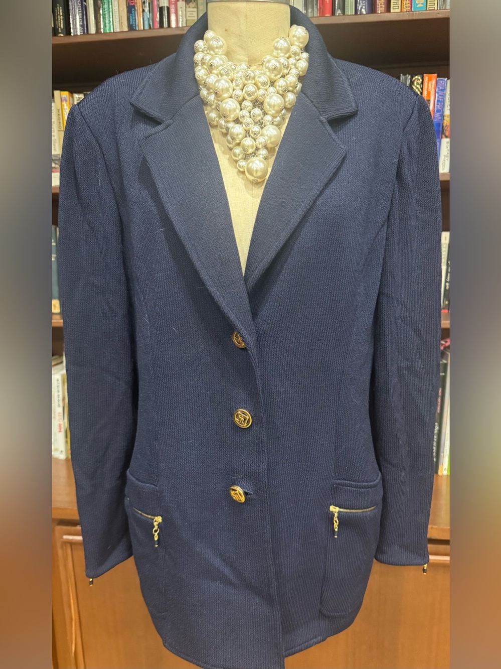 St John Collection Navy Women's Blazer Santana Knit Gold Signature Buttons12 L